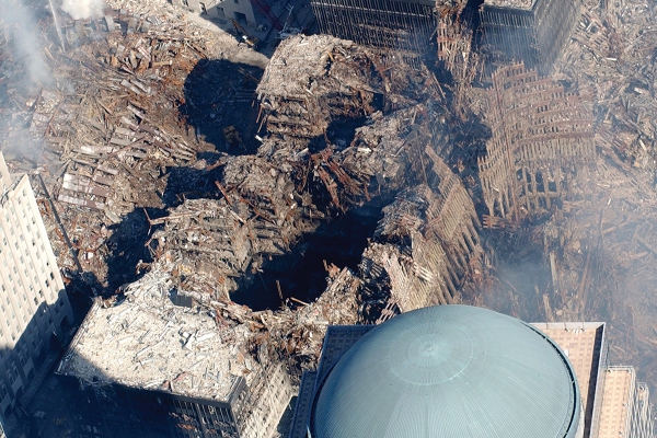 Aerial view of the World Trade Center after the September 11 attack